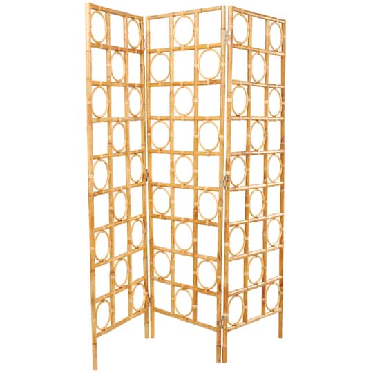 71" Brown Rattan Geometric Handmade Woven Geometric 3 Panel Room Divider
